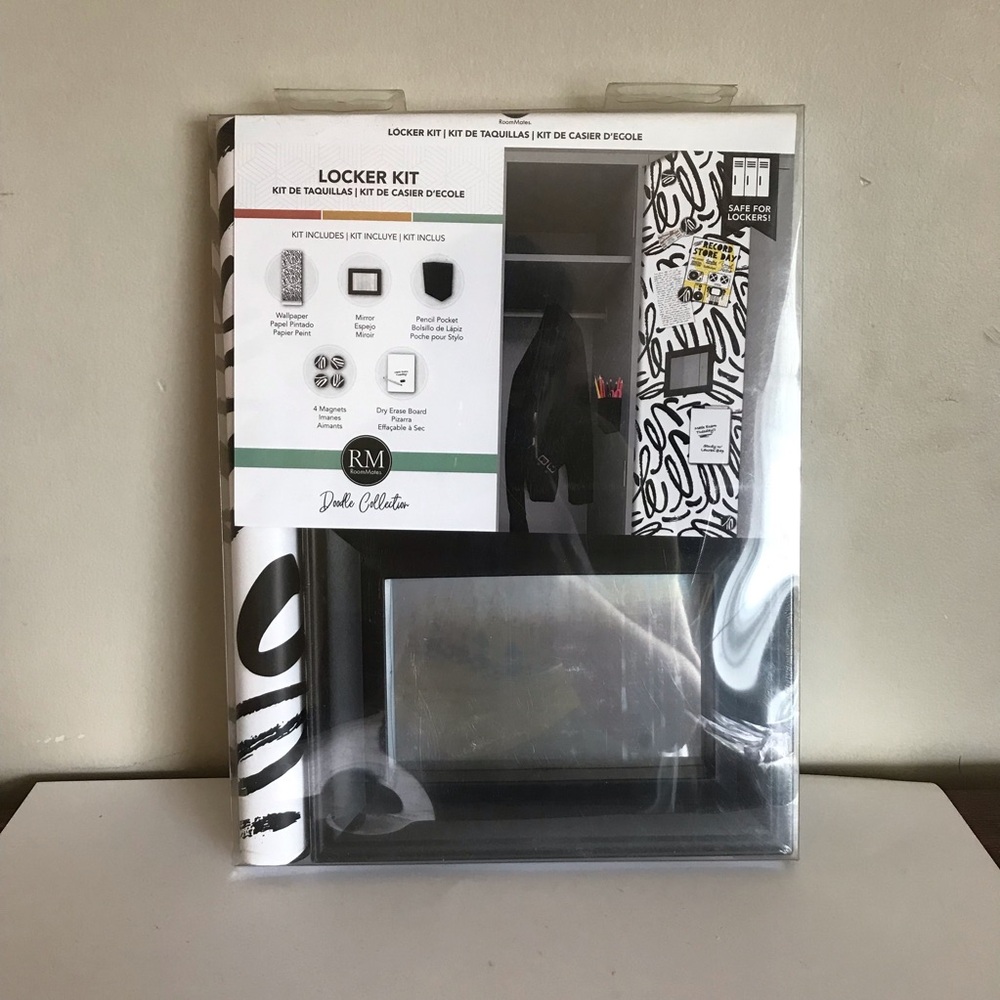 RoomMates Black White Locker Kit Mirror Pencil Pocket Magnets Dry Erase Board